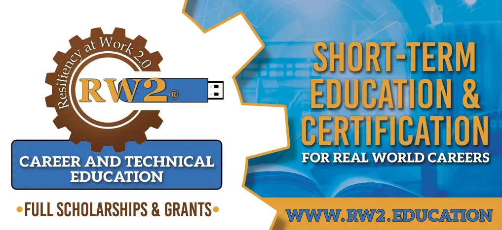 Logo for the school - RW2 Career and Technical Education. Short-term education and training. Grant and Scholarships. 
 www.rw2.education